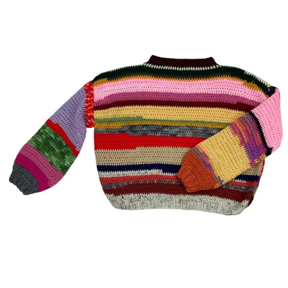Scrap Yarn Colorful Crochet Sweater Jumper S Balloon Sleeve Crewneck Grandmacore - Picture 10 of 11